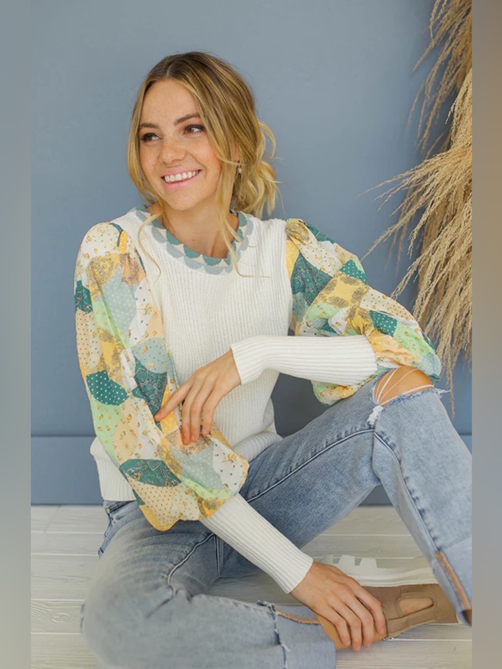Fate Cant Let You Go Sweater White Patchwork Balloon Sleeve Boho Knit Top